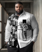 Plus Size Men's Casual Simple Jesus Faith Cross Print Lapel Long Sleeve Shirt